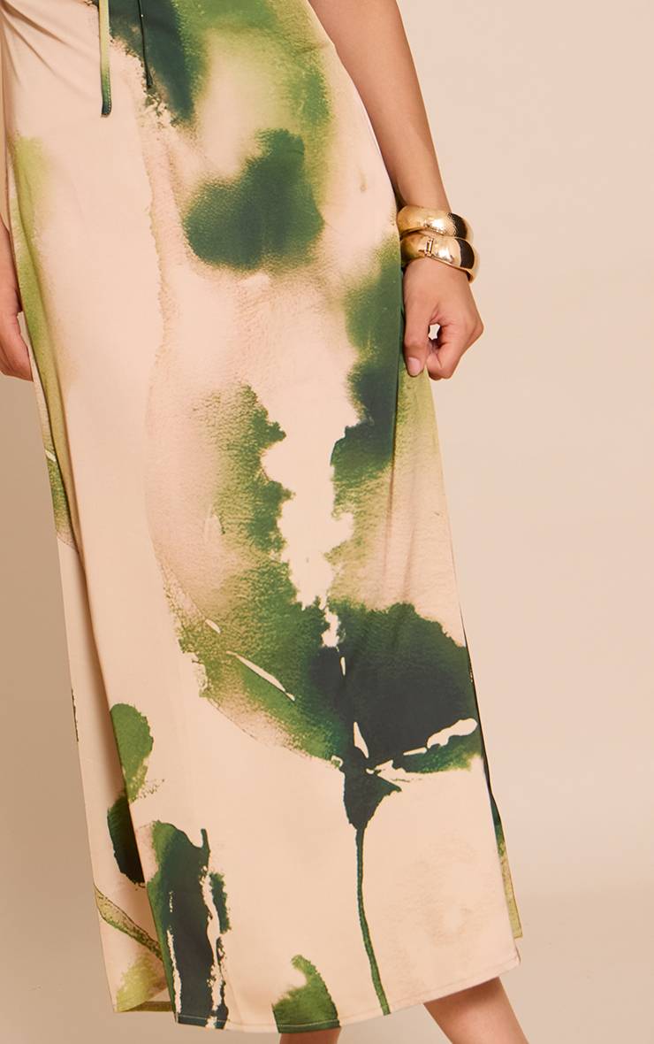 Vert Robe Longue Satinée À Imprimé Floral Avec Nœud Devant