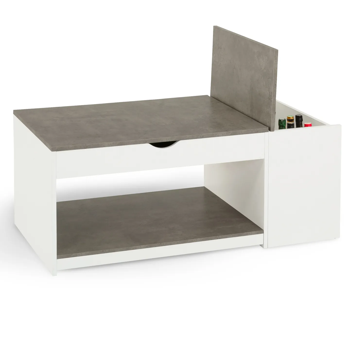 Table basse plateau relevable rectangulaire ELEA avec coffre bois blanc et effet béton