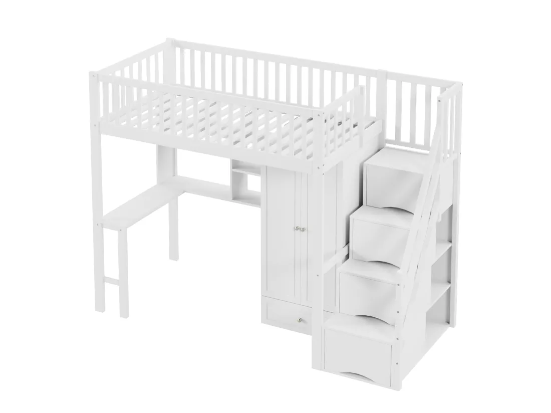 Lit mezzanine 90x200 cm - avec une penderie et un bureau - cadre de lit en bois - Blanc & Naturel
