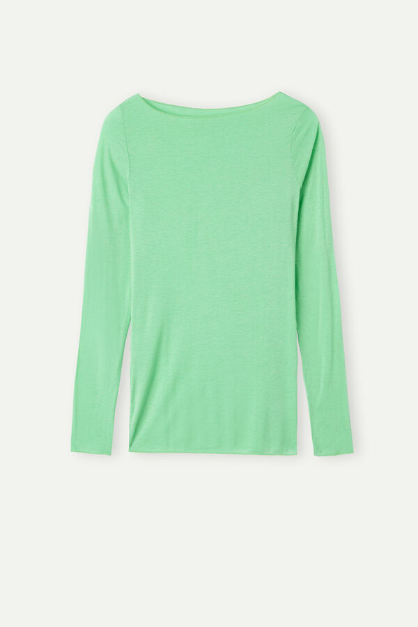 Camiseta de manga comprida ultraleve com decote canoa em cashmere modal