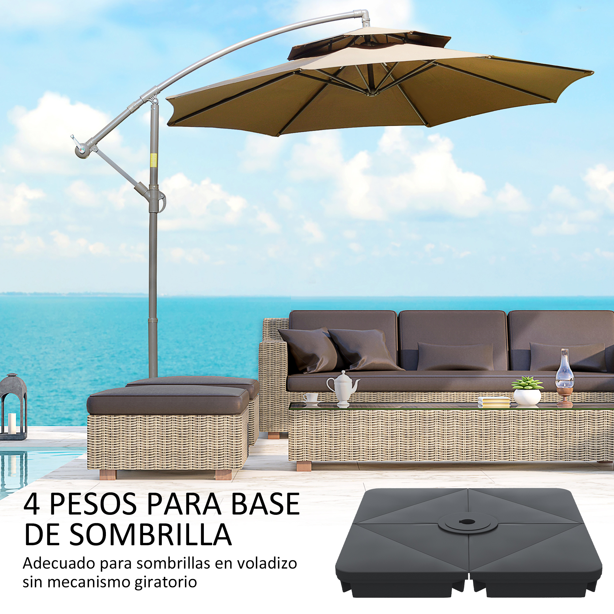 Conjunto de 4 pesos para base de guarda-sol de braço articulado Outsunny, enchíveis com areia (120 kg) ou água (160 kg), para guarda-sóis tipo banana, base cruzada, 90x90x10,5 cm, preto.