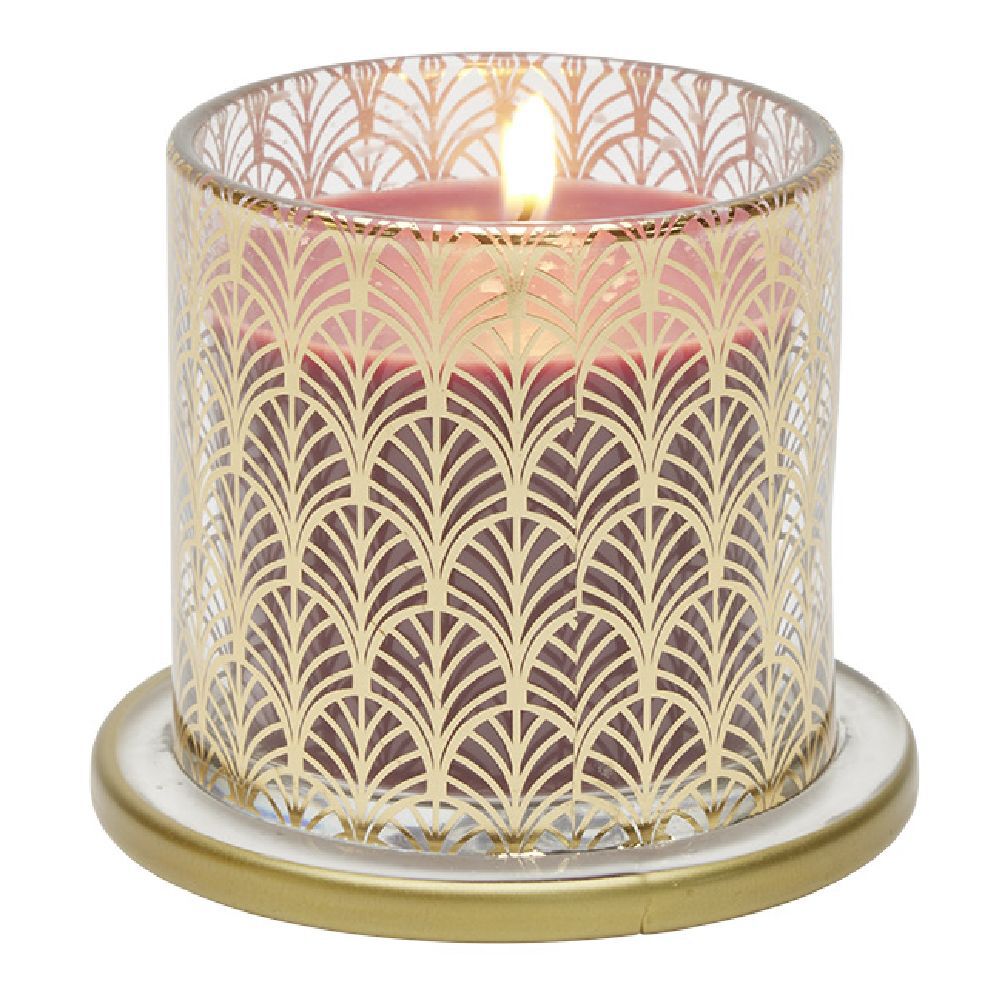 Bougie parfumée rouge sous cloche transparent doré