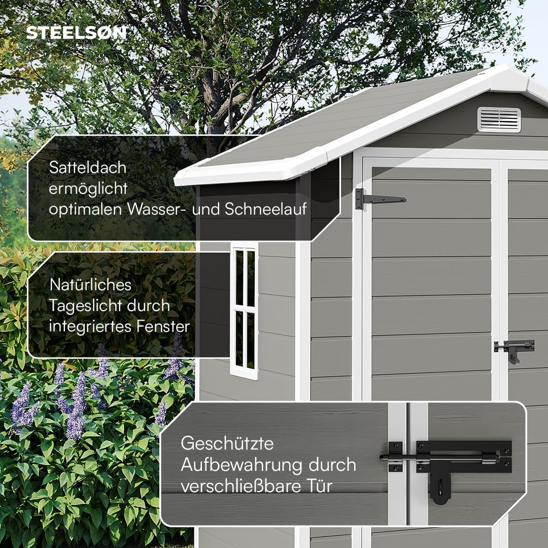STEELSØN Novara Gerätehaus – Gartenschuppen mit Satteldach & Fenster – Gartenhaus 210x134x182 cm (HxTxB) – Geräteschuppen aus Kunststoff in Grau – Gartenhütte wetterfest & rostfrei – Schuppen