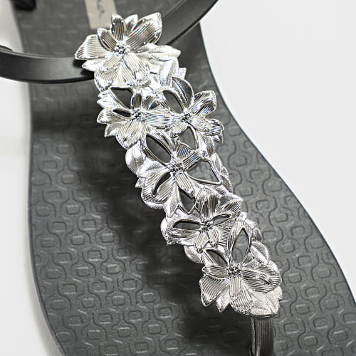Tongs Femme Classic Shiny Flower Noir Argenté