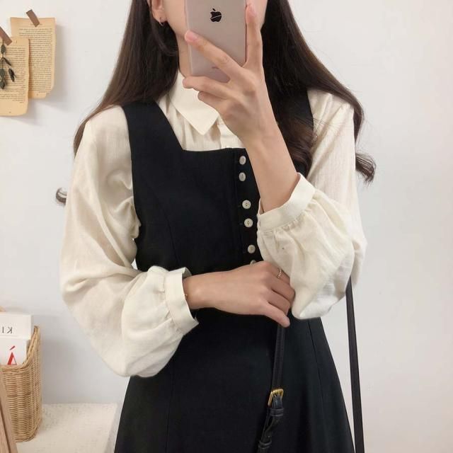 Leoom - Effen blouse met lange mouwen / Midi A-lijn overalljurk