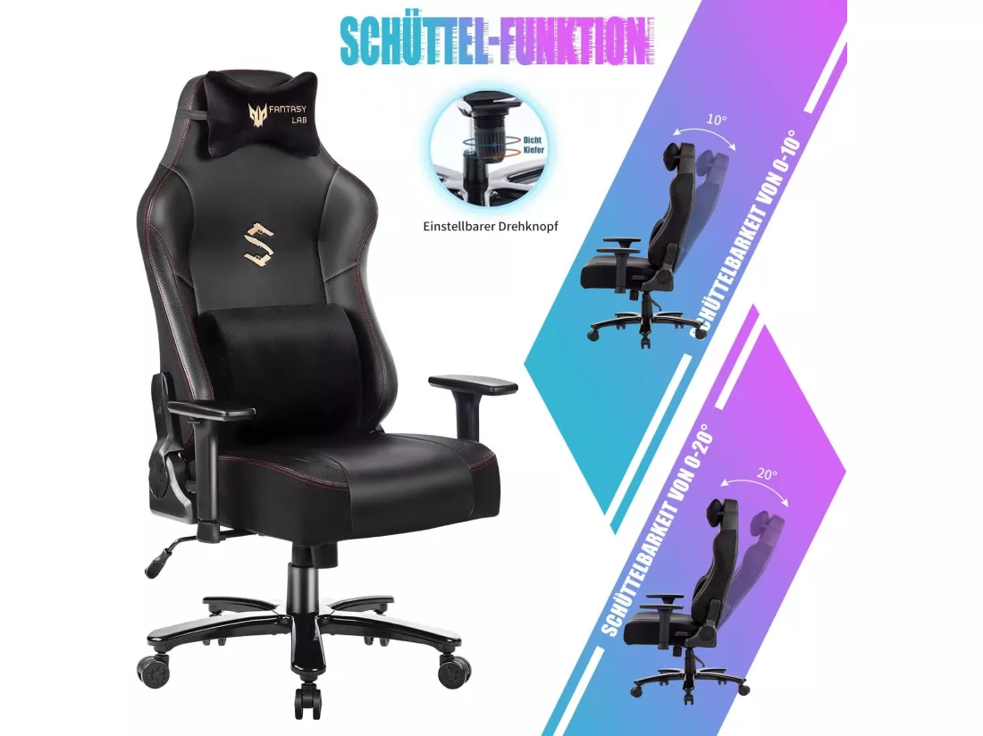 Chaise Gaming Avec Fonction Massage, Support Lombaire, Capacité 180kg, Noir