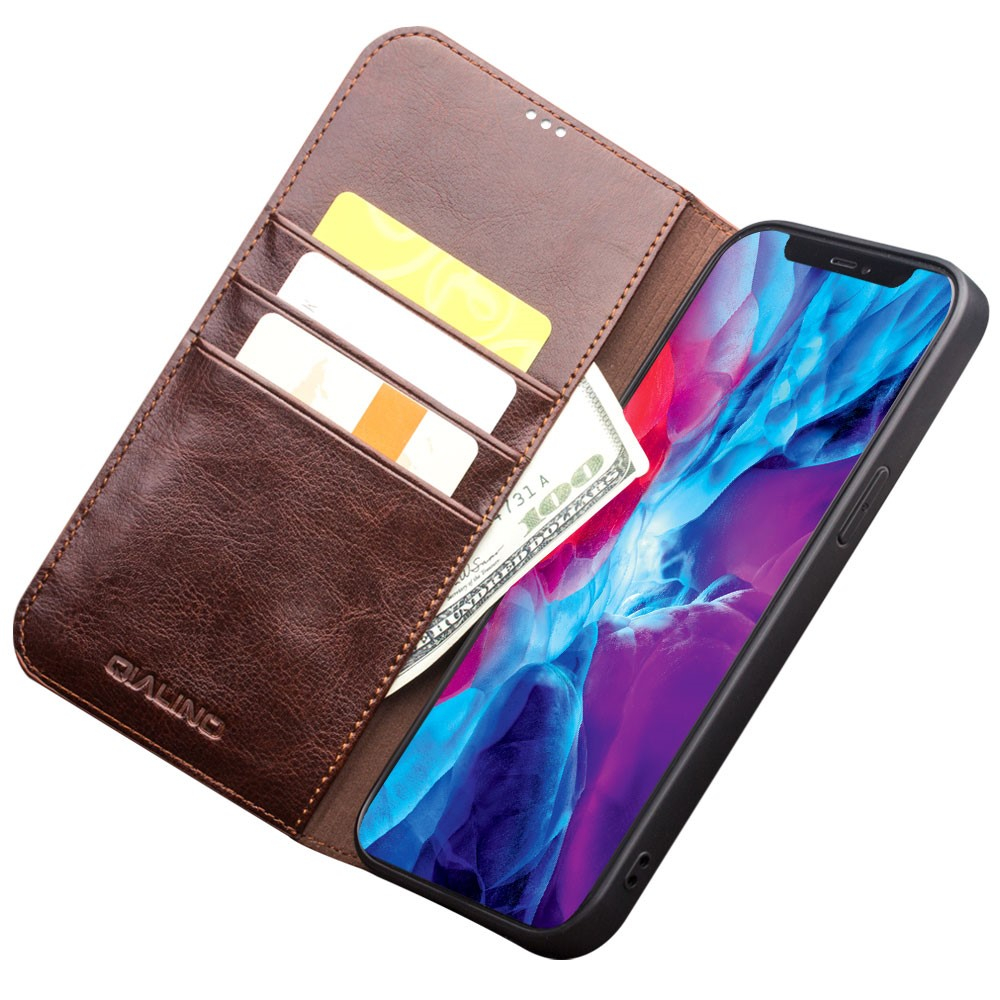 iPhone 13 Pro Echtleder Tasche Flip Cover mit Kartenfächer - Braun