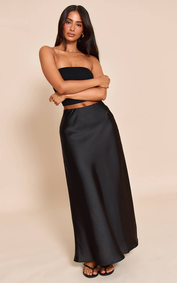 Noir Jupe Longue Fluide En Satin Petite