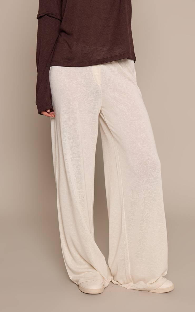 Pantalon Large En Jersey Chiné Slub Crème Avec Détails Boutonnés