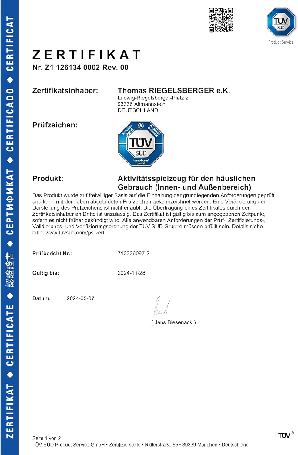 Gartenpirat Premium Kinderschaukel aus Holz Outdoor - Einzelschaukel mit Schaukelsitz - 180 x 180 x 200 cm TÜV geprüft