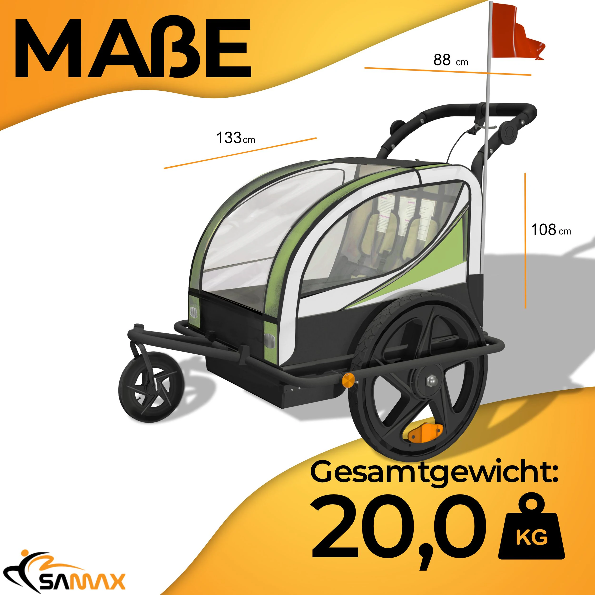 SAMAX 360° drehbarer Fahrradanhänger 2in1 Jogger - in Grün - Black Frame