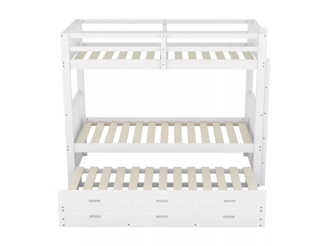 Lit superposé 90x200cm - avec lit gigogne et 3 tiroirs - en bois de pin massif et MDF - Blanc