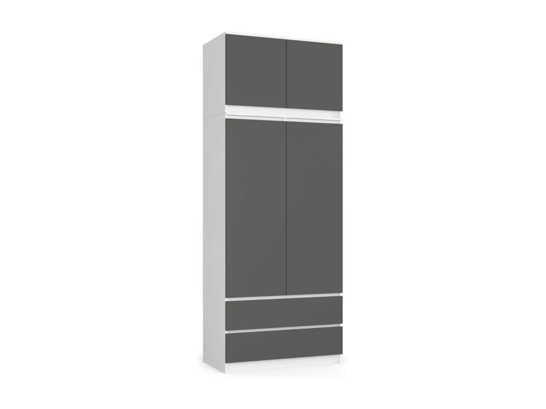 Armoire avec surmeuble AKORD S90 Blanche 90 cm 2 portes 2 tiroirs façade Gris Graphite 6 étagères 90x51x234 cm
