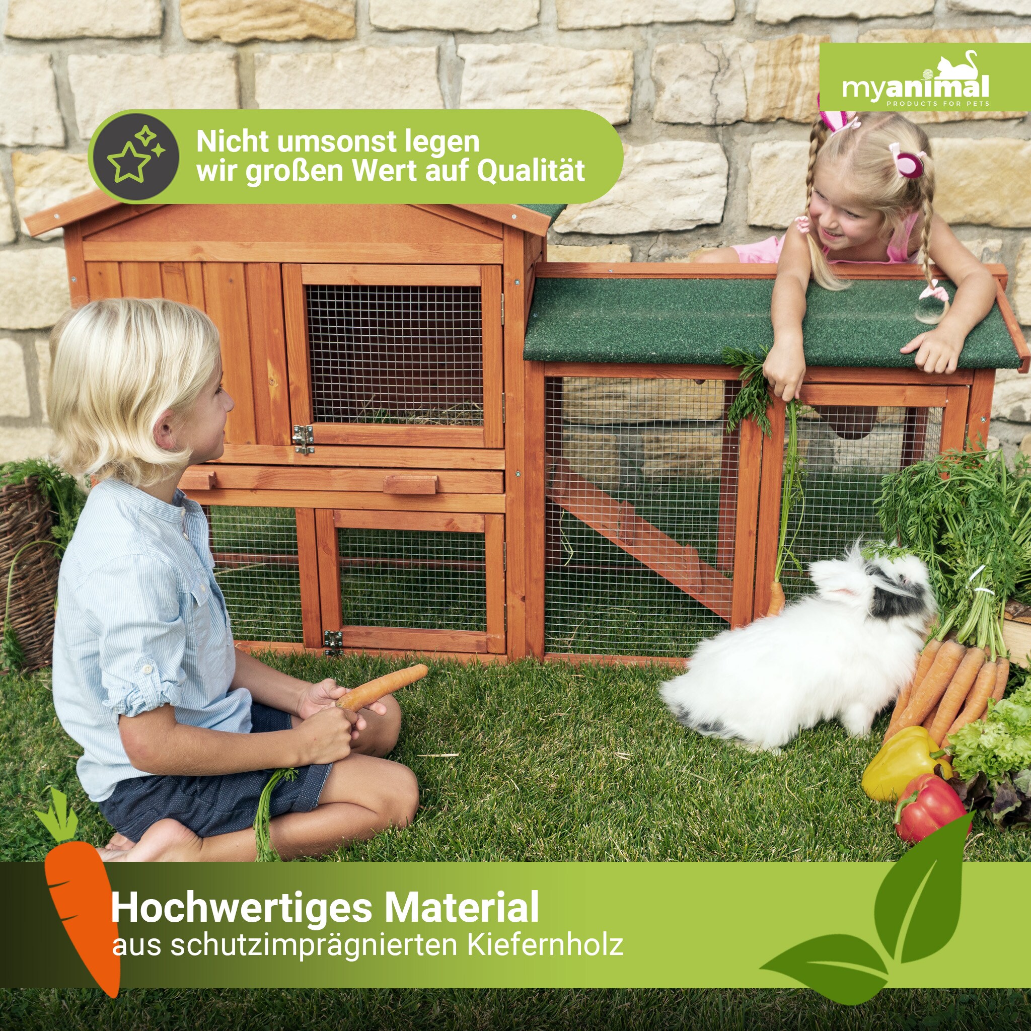 MyAnimal Hasenstall MH-03 Doppelstockhaus mit Garten, Freilauf, abnehmbares Dach, verzinkter Draht (Braun 2.0)