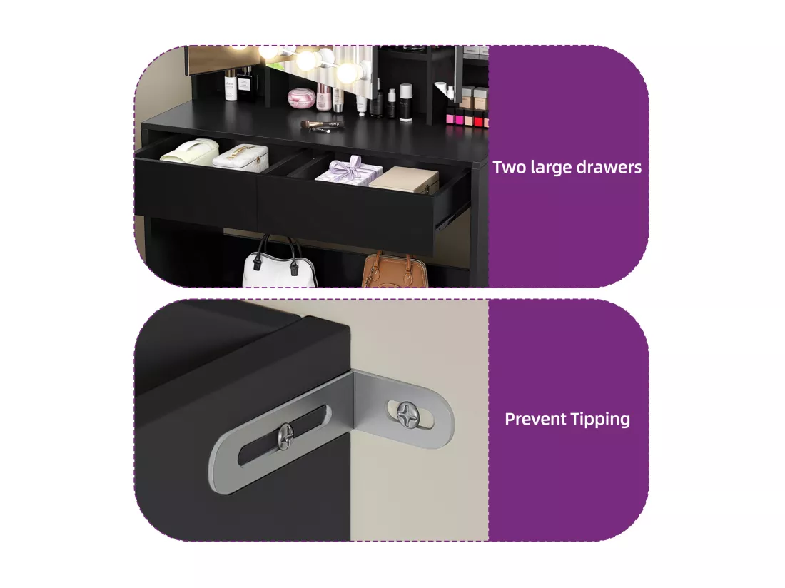 YITAHOME Coiffeuse avec Miroir - 3 Couleurs avec Luminosité Réglable - Coiffeuse avec Étagères pour Maquillage - 2 tiroirs - Noir