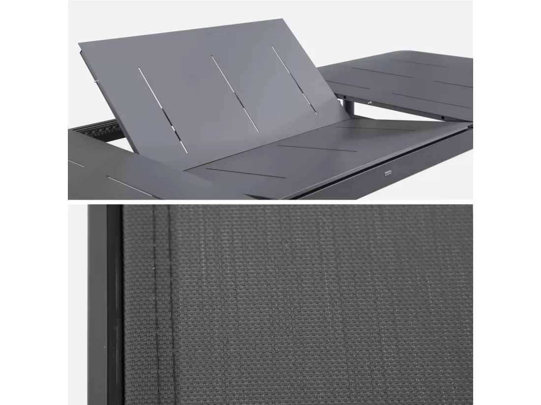 Table de jardin extensible aluminium + 8 assises anthracite. 8 fauteuils textilène. 210/300 x 100 x 75.5 cm