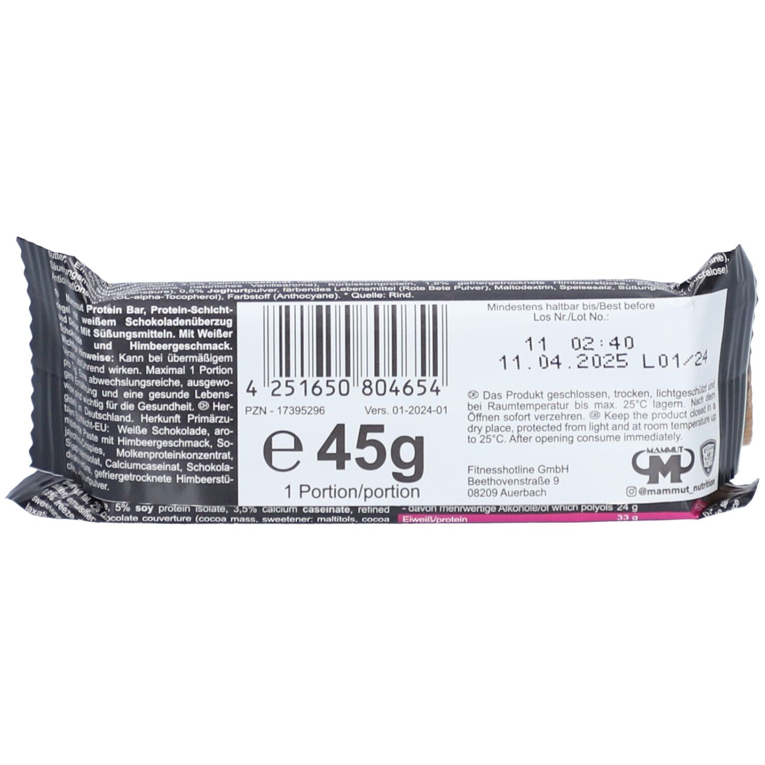 Mammut Crunchy Protein Bar Rasperry White Chocolate