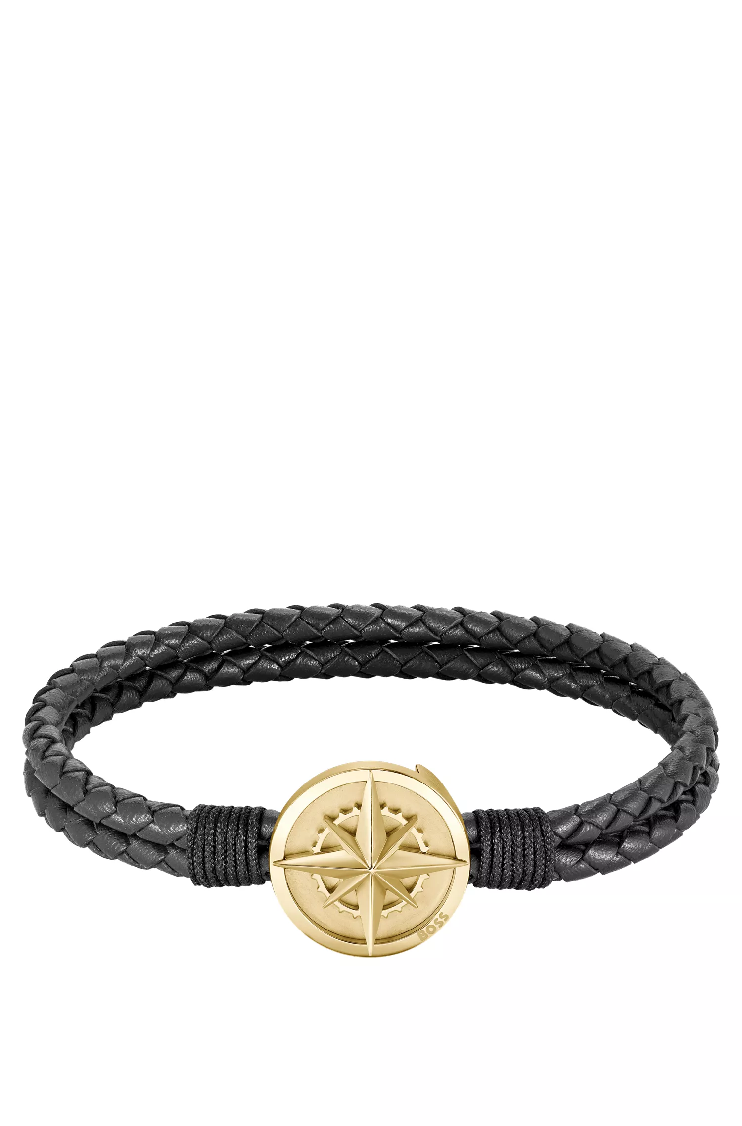 Pulseira BOSS em couro preto trançado com placa de bússola dourada