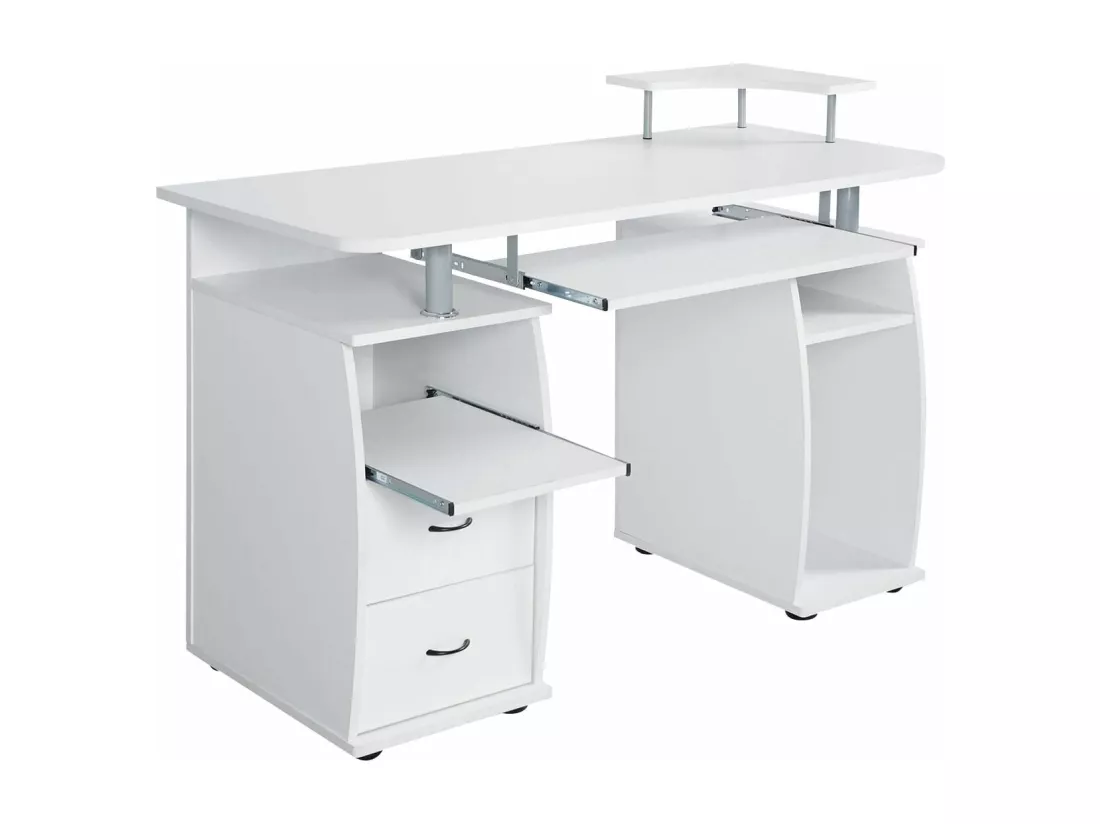 Bureau Informatique Table de Bureau en MDF pour Ordinateur Multi-Rangements avec Tablette Imprimante, Tablette à Clavier Coulissante, 2 Tiroirs 120x55x85cm Blanc