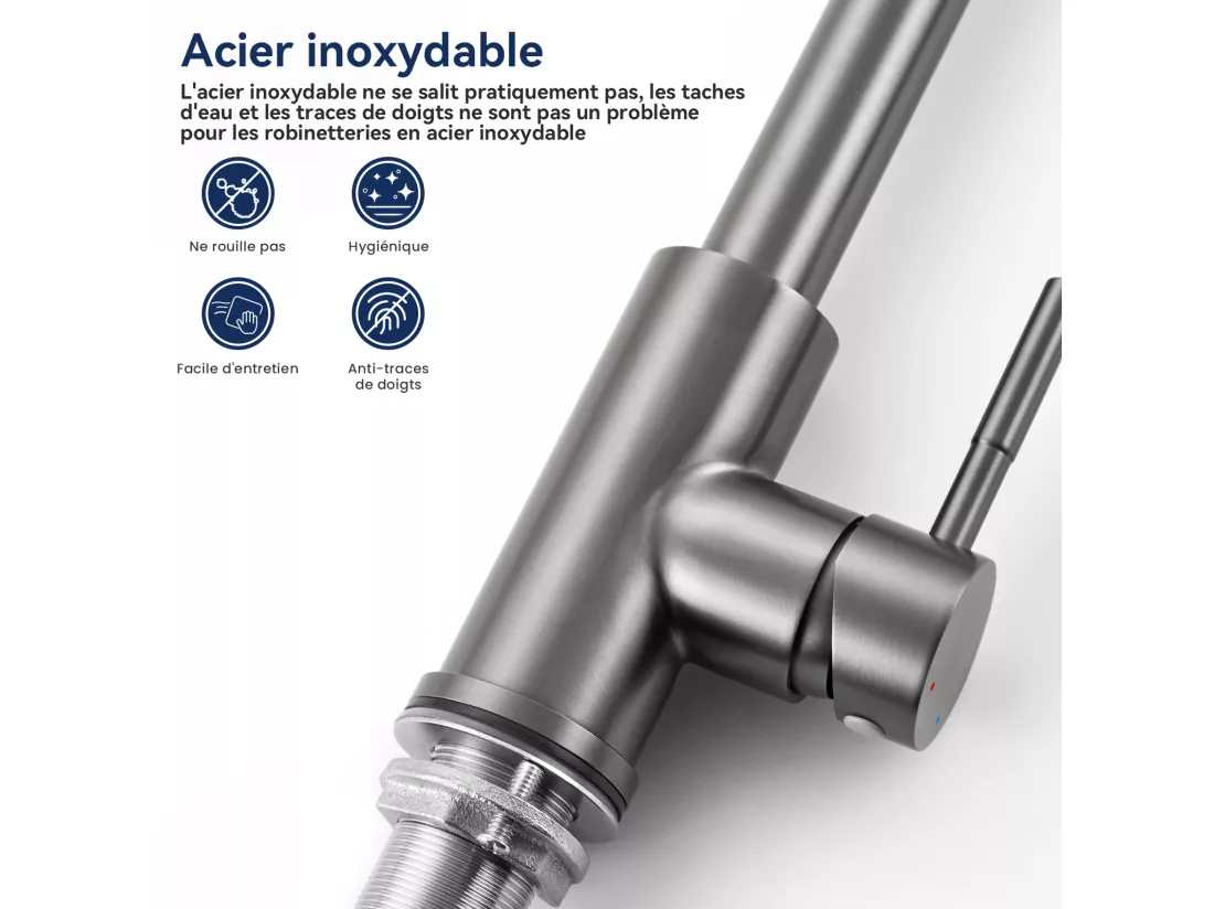LONHEO MAX Mitigeur de Cuisine Gris 7-Forme avec 2 Fonctions Douchette Extractible Robinet d'évier Rotatif à 360° en Inox avec Barboteur démotable
