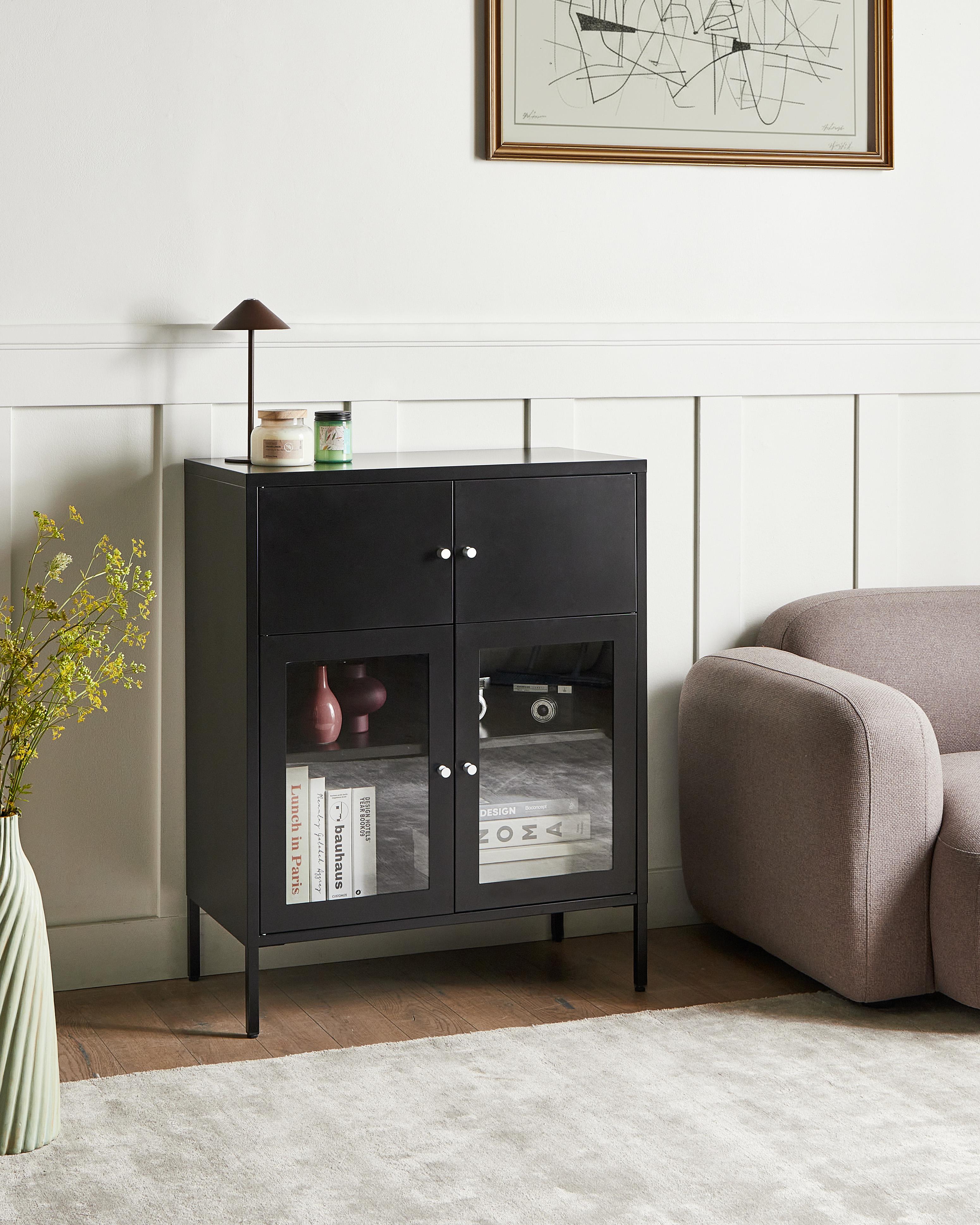 Dressoir met glazen deuren ESHOLT Metaal 80 cm Zwart