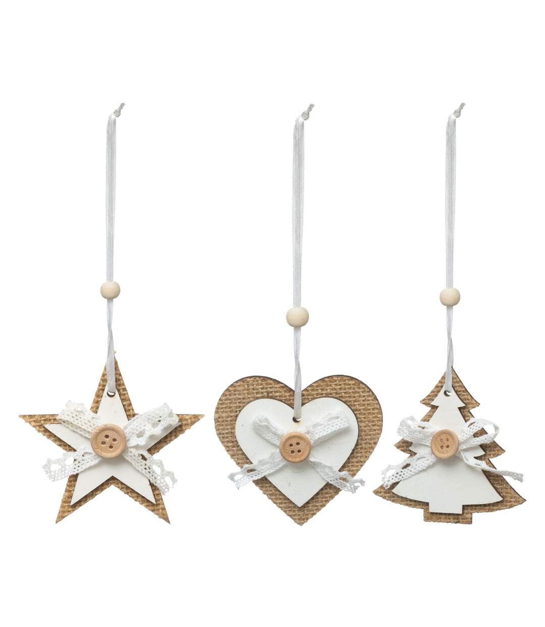 3 Décorations sapin de Noël en bois Jeanne - Blanc