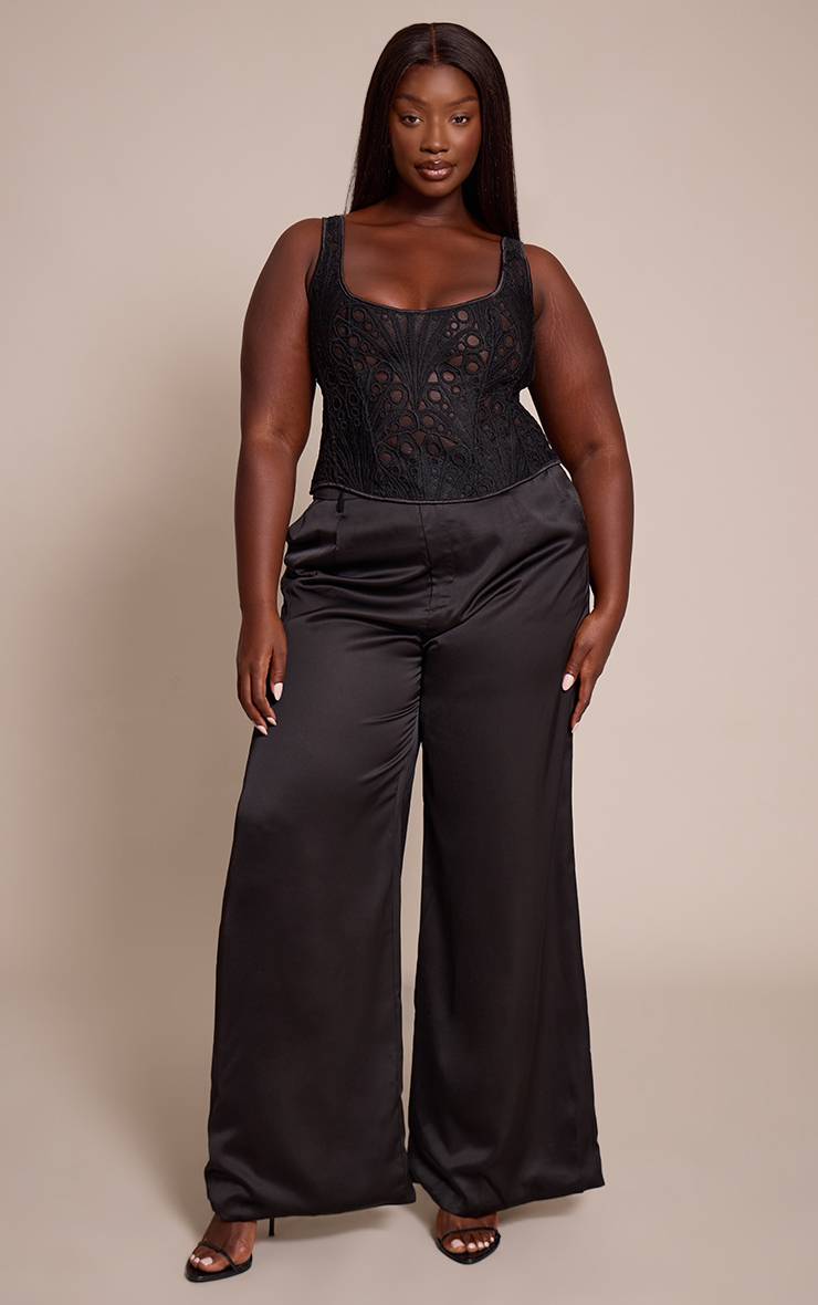 Noir Corset Grande Taille Transparent Texturé À Fleurs Et Encolure Carrée