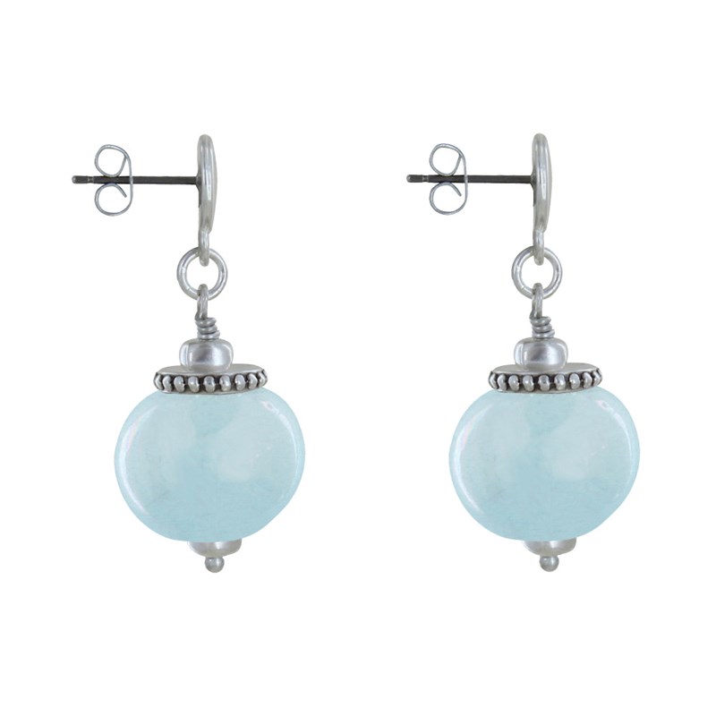 Boucles d'Oreilles Clous Métal Argenté et Grosses Perles en Céramique