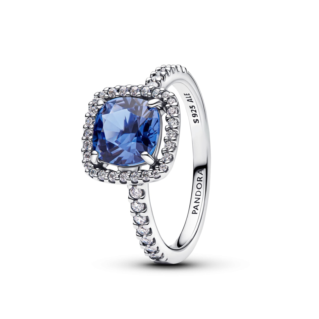 Pandora Timeless Funkelnder Eckiger Blauer Strahlenkranz Statement-Ring 925 Silber