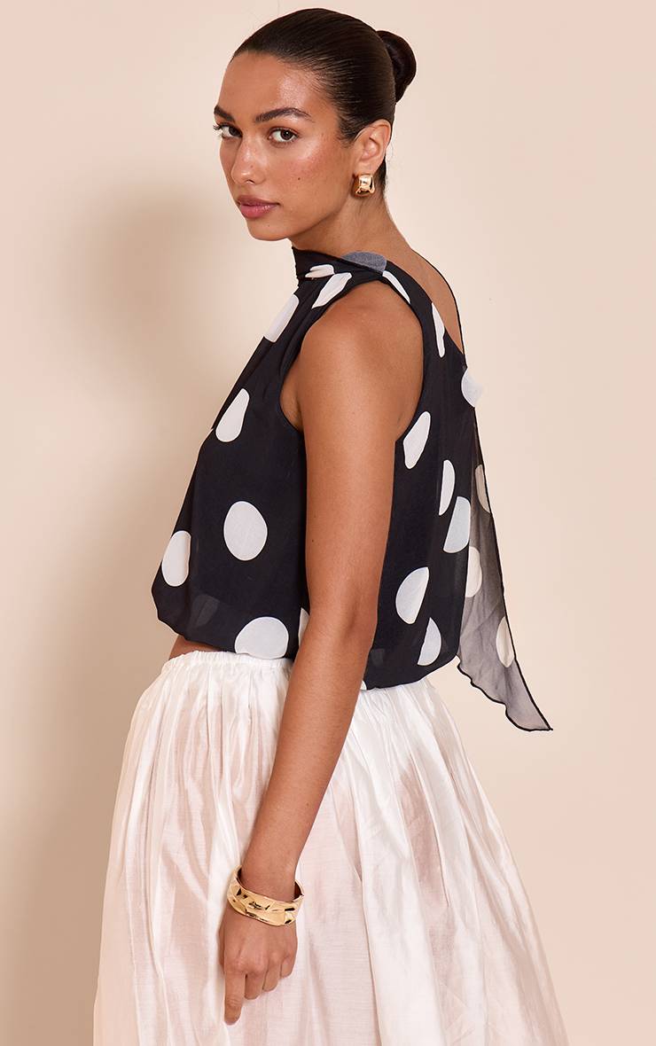 Deep Black Top Ballon Court À Détail Foulard En Mousseline Imprimé À Pois