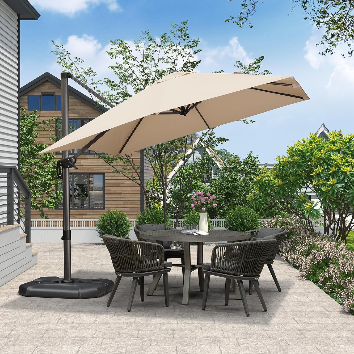 PURPLE LEAF Sonnenschirm 270 x 270 cm Groß Ampelschirm mit Kurbel 360-Grad Drehbar mit Fußpedal und Kreuzsockel für Terrasse, Balkon Sonnenschutz, Beige