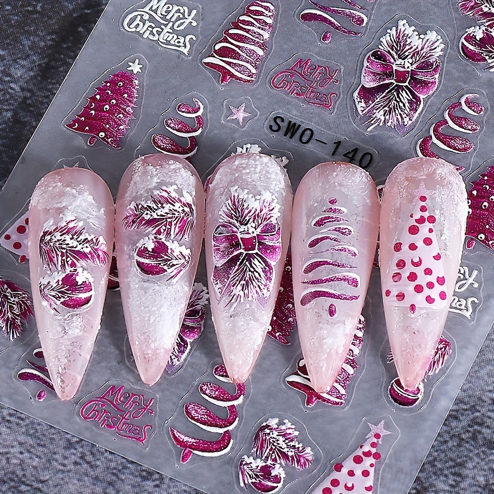 (89-tlg. Set) Nagel Sticker Nail Art Tattoo Selbstklebende Aufkleber Weihnachten - Rosa / Weiss