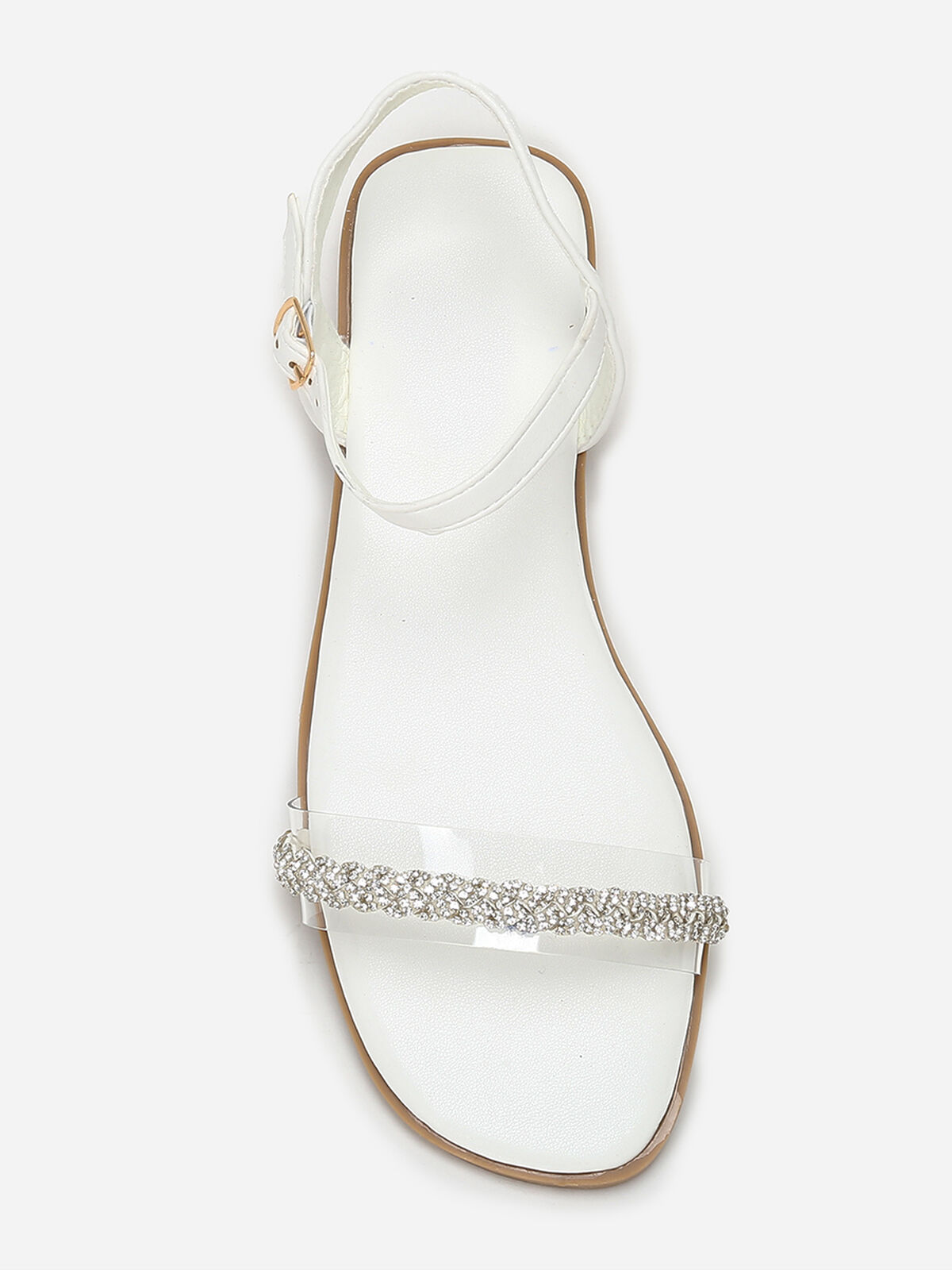 Sandales plates à bride transparente et strass- Blanc