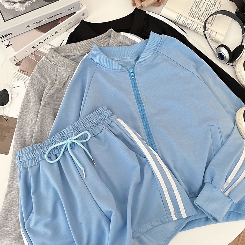Babique - Set: Gestreept jack met rits en trekkoord in de taille + wijde joggingbroek
