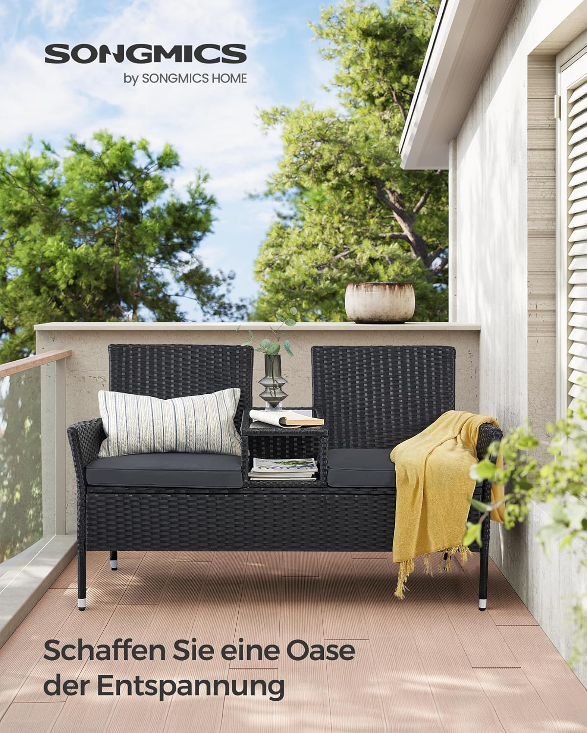 SONGMICS Gartenmöbel, Balkonmöbel aus PE-Polyrattan, Gartenbank, mit Tisch, Sofa, Terrassenmöbel, Outdoor, mit Kissen, für Terrasse, Garten, Balkon, schwarz-dunkelgrau GGF022B01