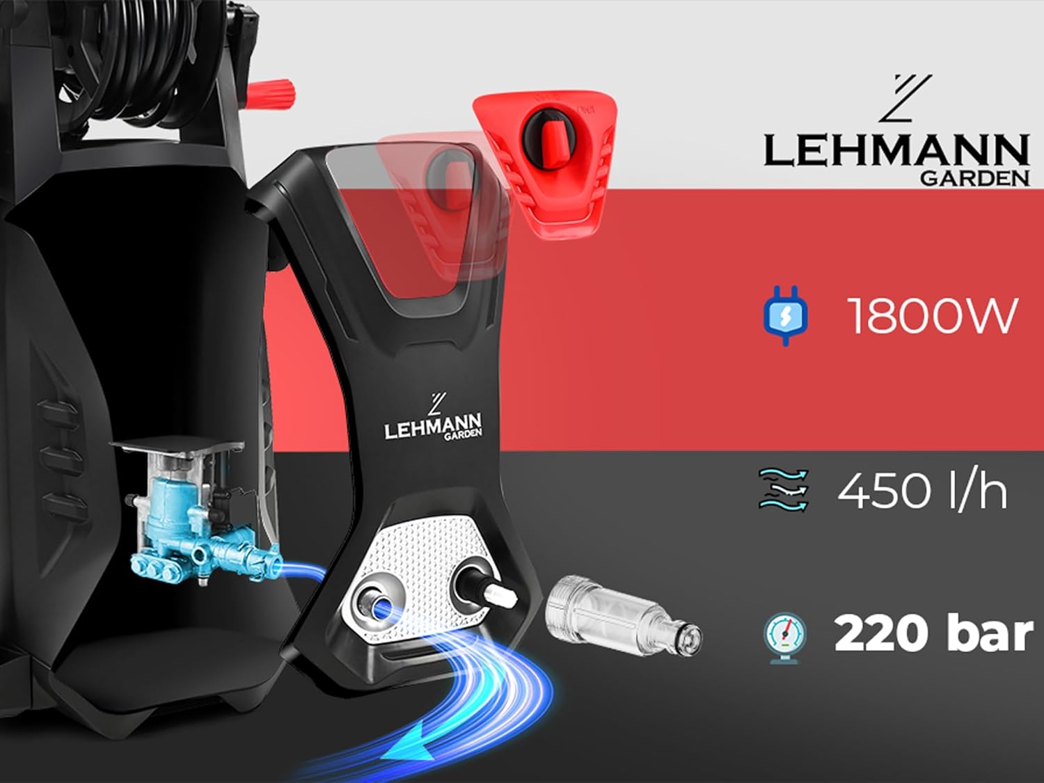 LEHMANN Hudson Hochdruckreiniger mit Aluminiumpumpe, 1800 W, max. 220 bar Druck, 450 l/h Fördermenge, Zubehör - Terrassenbürste, Schaumsprüher, Felgenbürste, Ideal als Auto Hochdruckreiniger