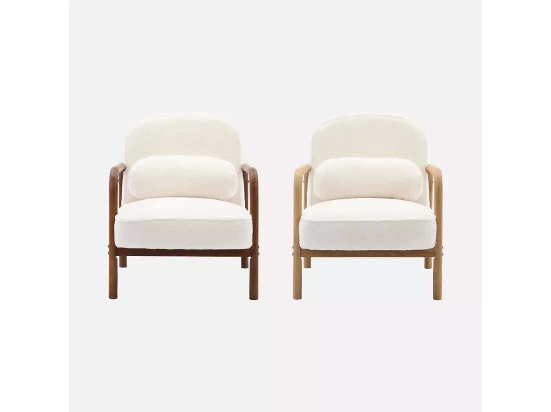 Fauteuil scandinave bois d'hévéa teinté noyer clair et tissu fausse fourrure