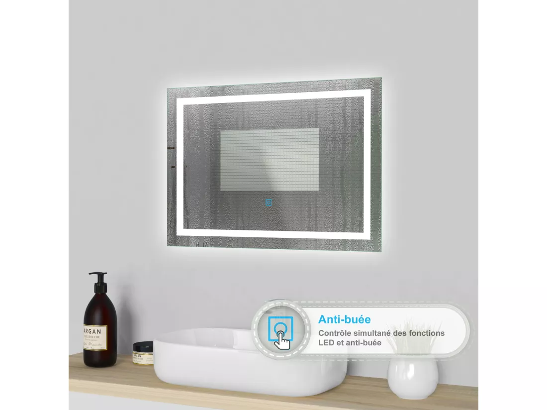 Miroir de salle de bain lumineux l.70 x H.50cm avec Anti-buée, Mural Miroir - Aica