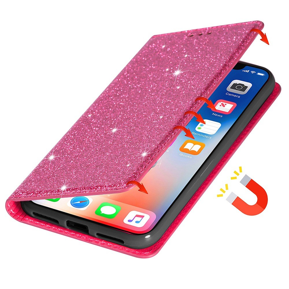 iPhone 14 Pro Flip Wallet Cover Leder Tasche Glitzer Optik - Pink