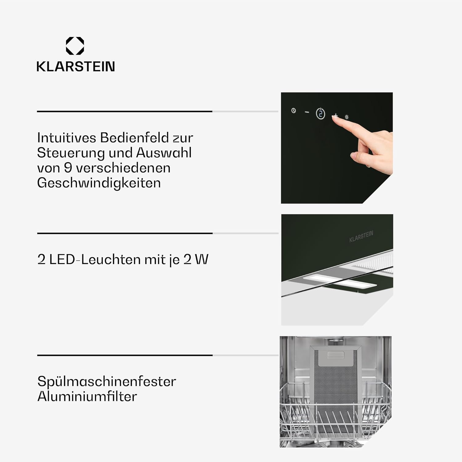 Klarstein AlizeEdge Dunstabzugshaube - 60 cm Wandhaube, Flaches Design, Touch-Steuerung, 487 m³/h Luftdurchsatz, A+ Energieeffizienz, LED-Beleuchtung, Leise 38 dB, Abluft & Umluft, Schwarz