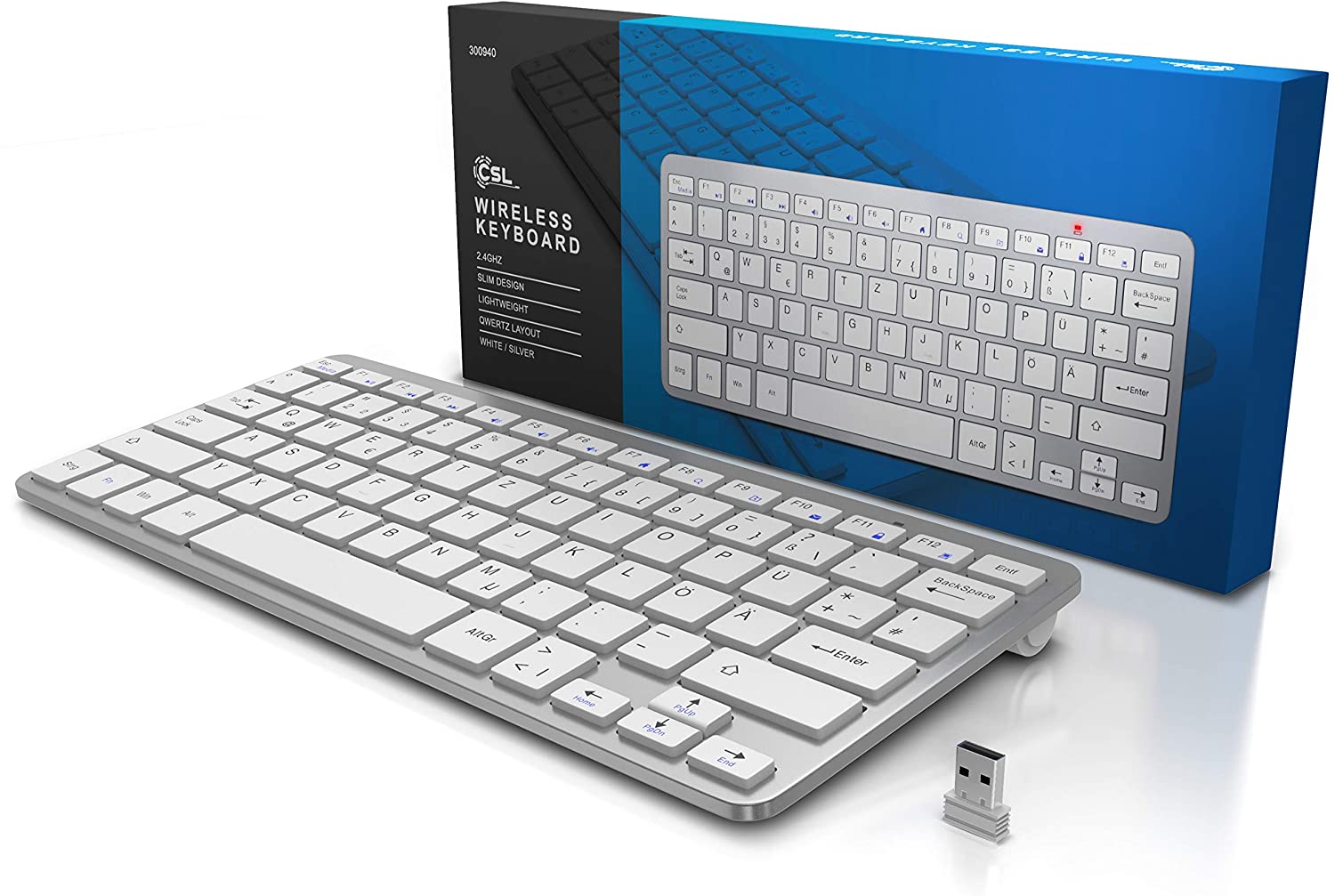 CSL Wireless-Tastatur, 2,4Ghz Slim Design Mini Keyboard, platzsparend, ergonomisch, Kabellos, silber