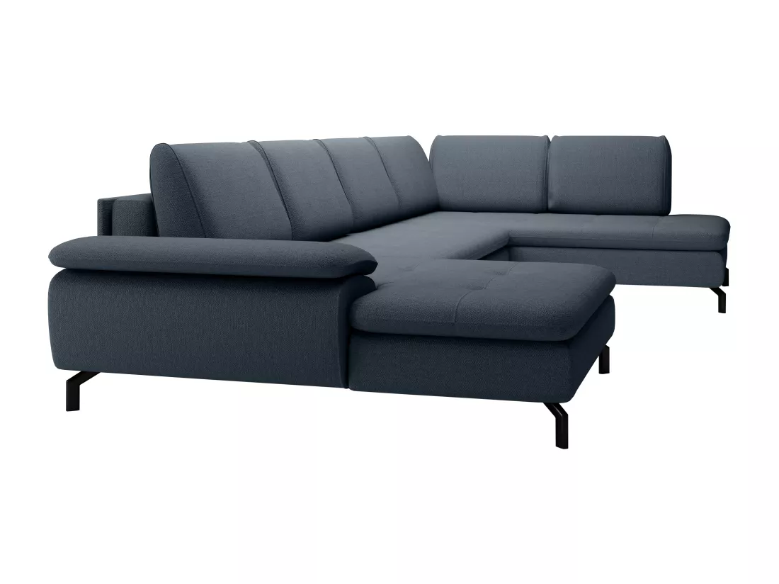 Grand canapé d'angle droit panoramique convertible en tissu texturé bleu ARCHIBALD