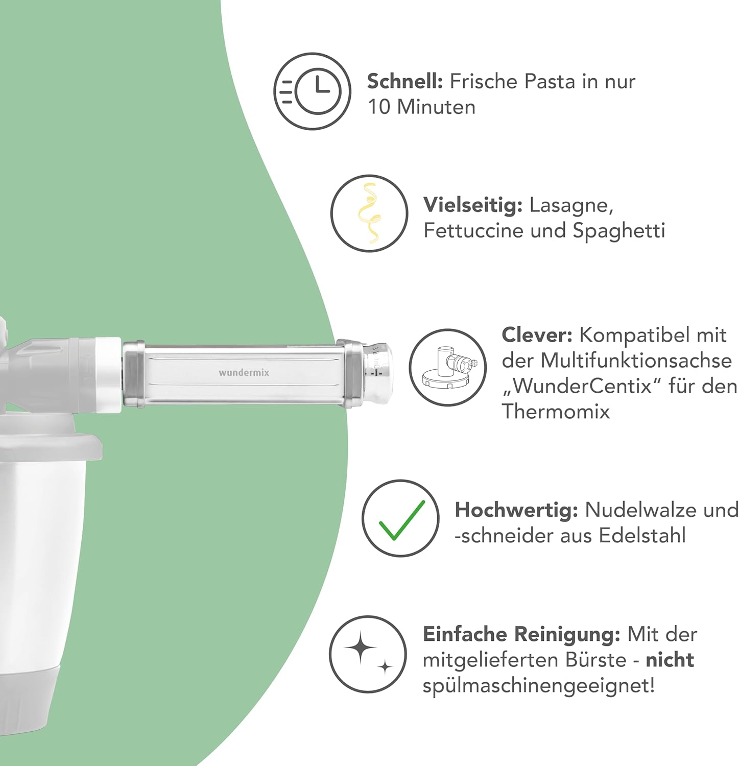 Wundermix - Nudelmaschine – 3-tlg. WunderCentix® Nudelaufsatz für Thermomix TM6 TM5 & KitchenAid • Spaghetti, Fettuccine & Lasagne selbst machen • Pastaaufsatz Thermomix • Pastawalze & -schneider Set