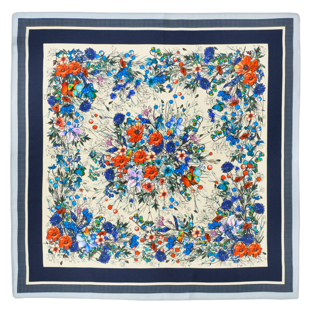 Bahne Accessories  Silketørklæde, Navy with Multi Flowers - 53x53 cm.