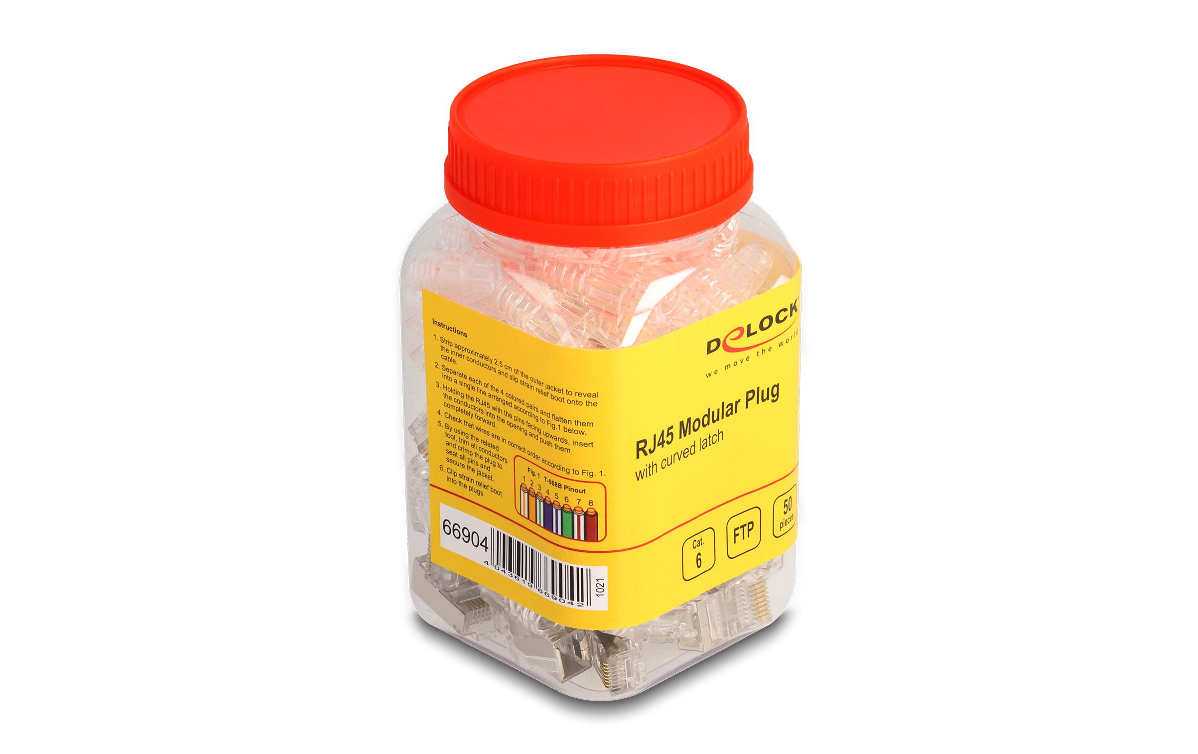 Stecker RJ45, FTP, Cat.6 50 Stück, TransparentDelock RJ45 Modularer Stecker mit gebogener Rastnase Cat.6 und Knickschutztülle 50er Set
