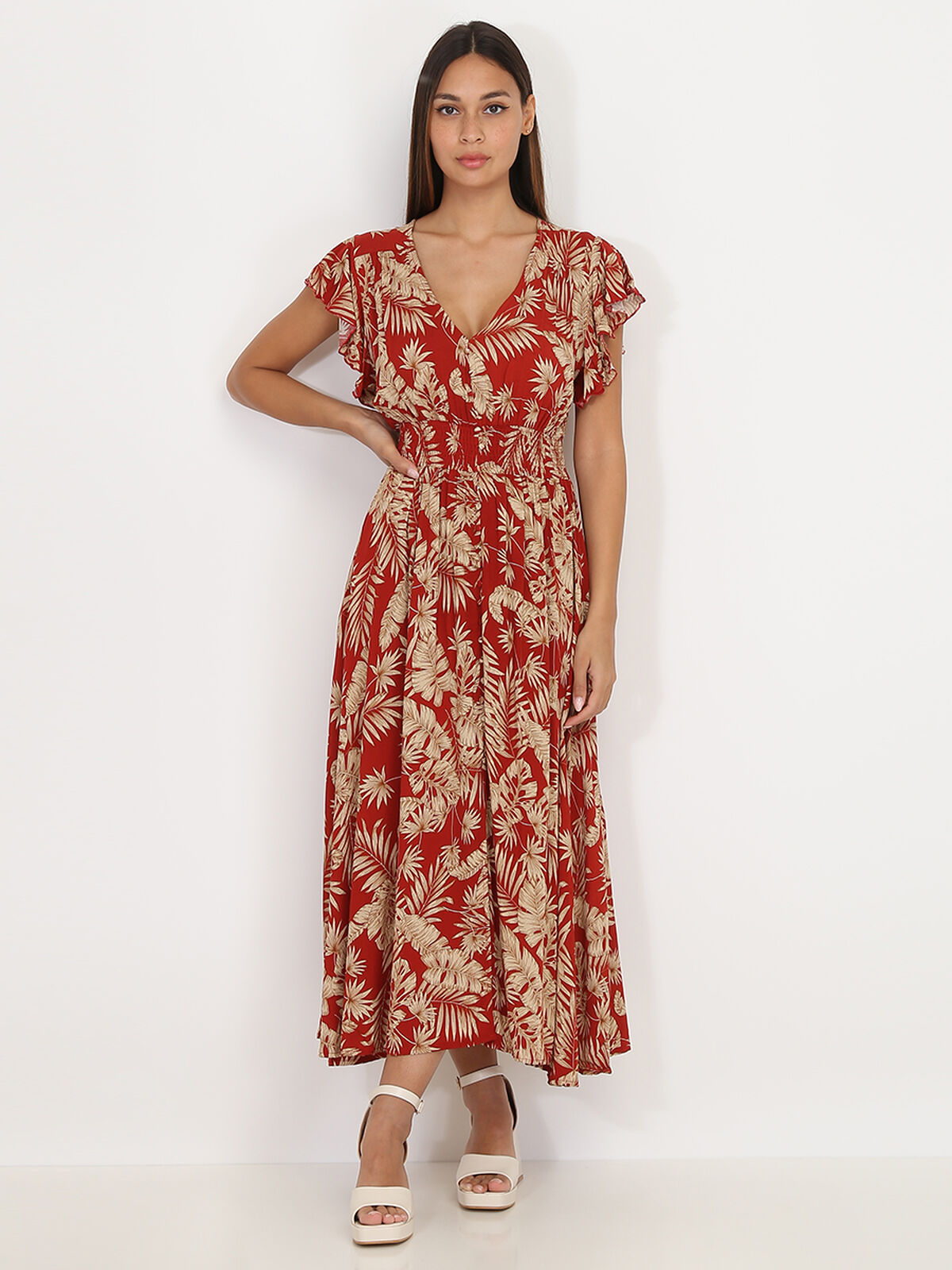 Robe mi-longue à feuilles et fente- Rouge