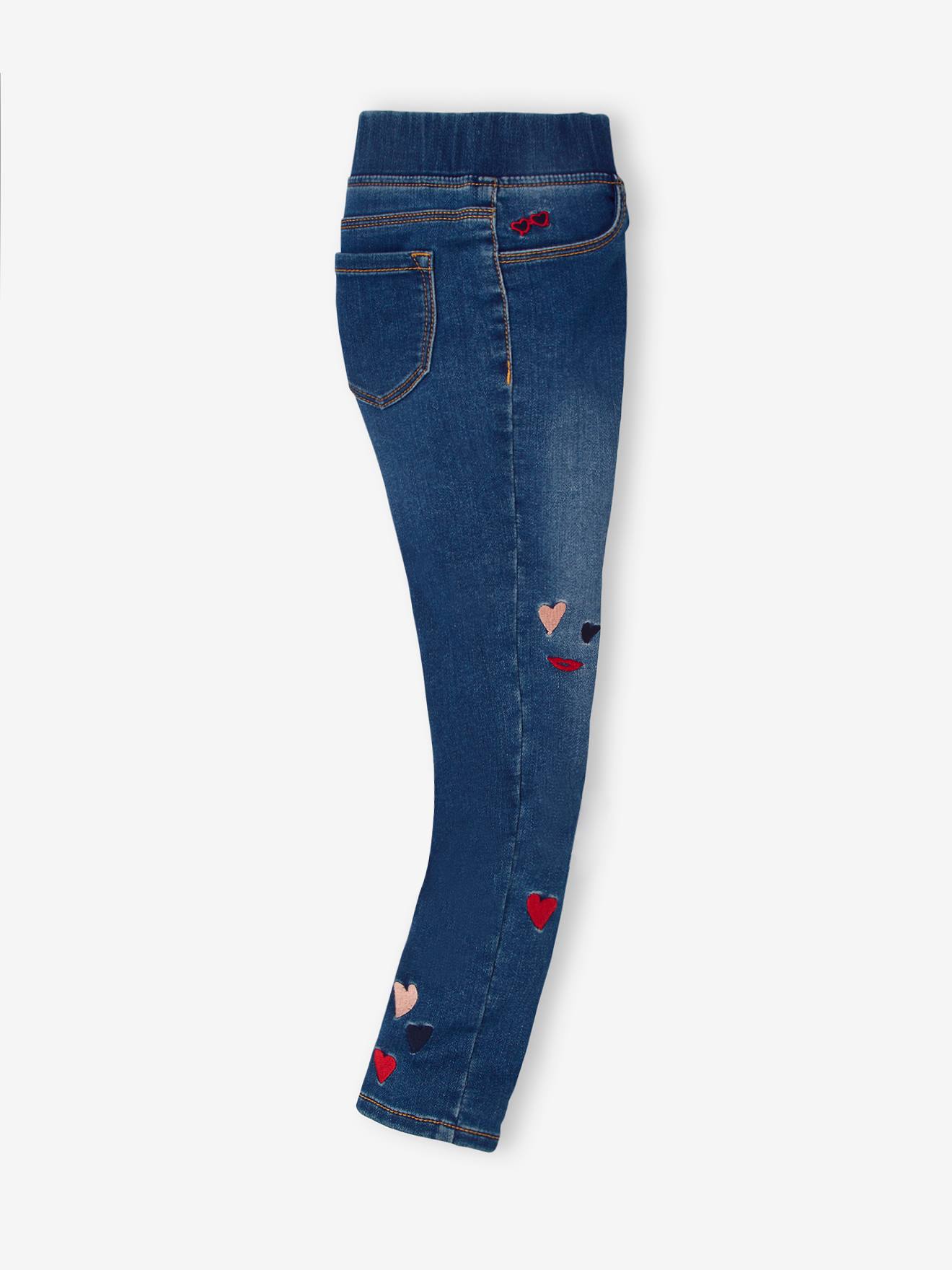 Calça legging feminina em tecido atoalhado bordado com efeito jeans, na cor cinza jeans.