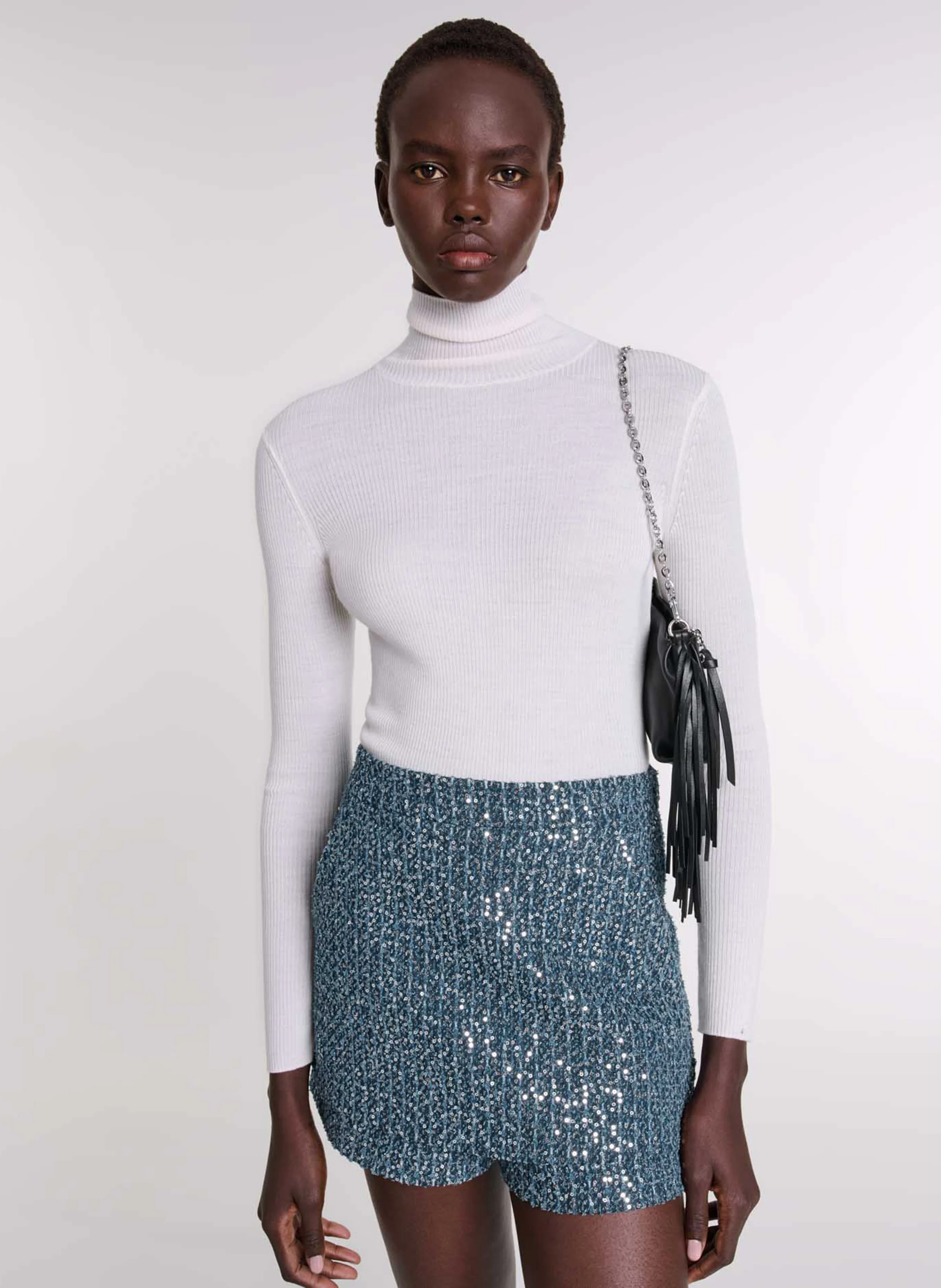 Short taille haute droit en tweed | Bleu