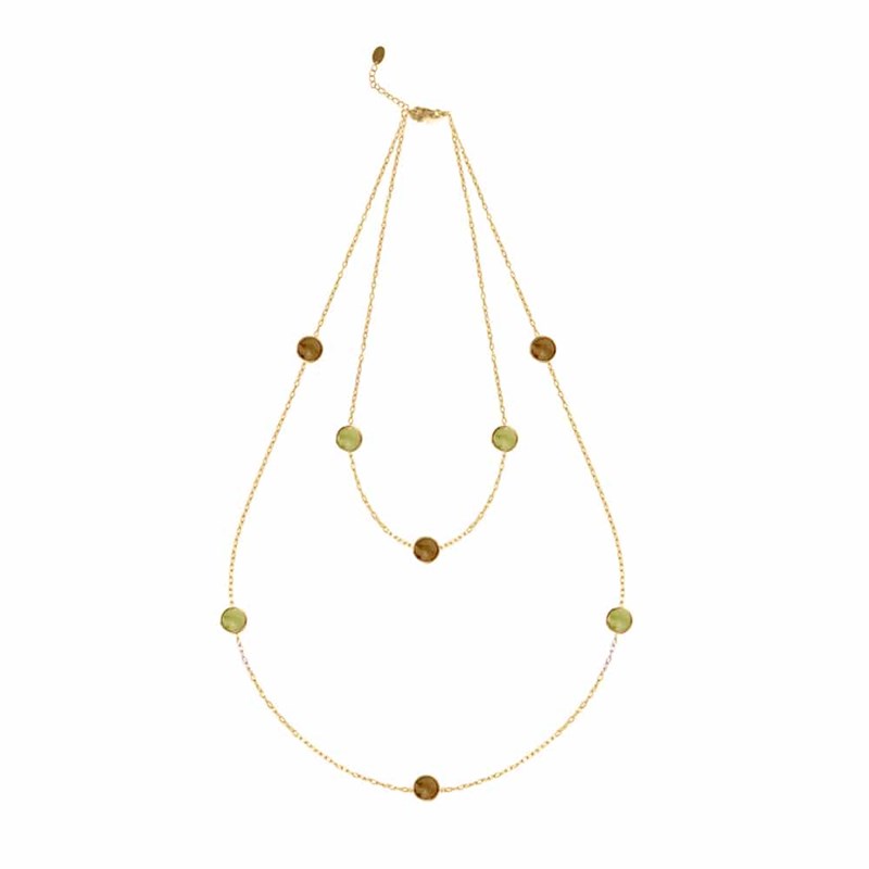 Collier Argent Double Rangs Goutte De Cristal Dore Pierres Vertes Et Brunes