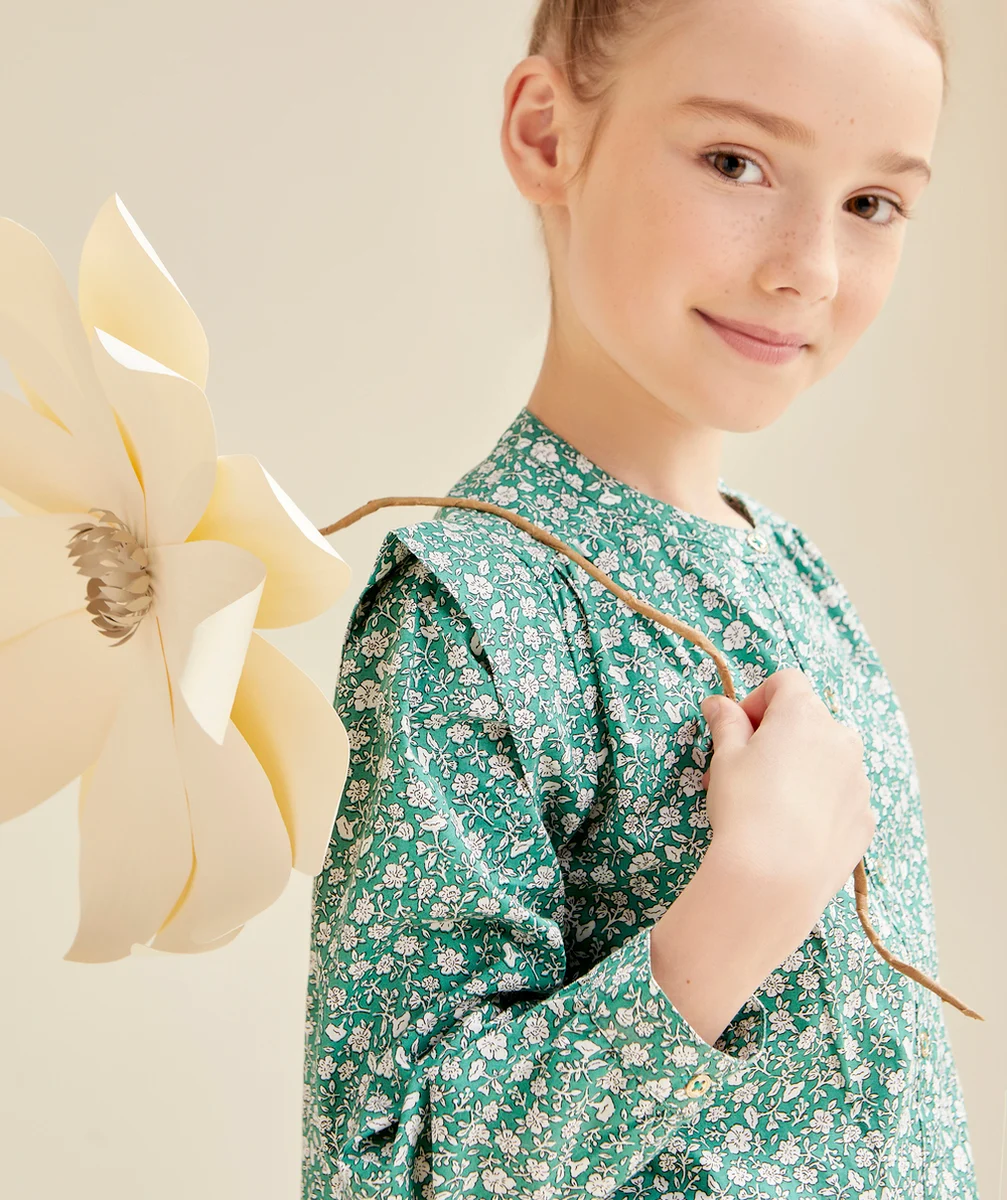 BLOUSE FILLE EN COTON IMPRIMÉ FLEURI VERT ET BLANC